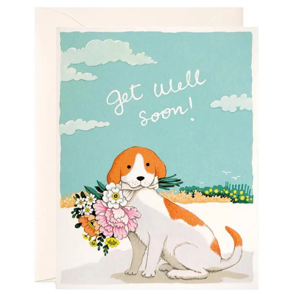 Dog With Flowers Get Well Soon Card