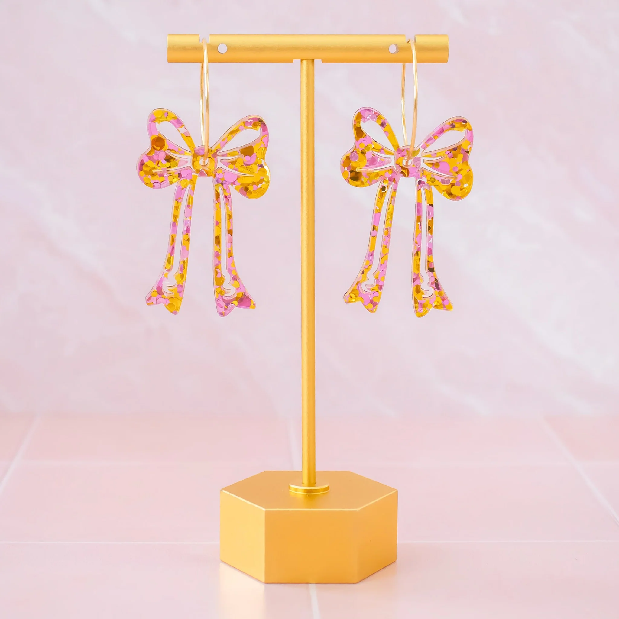 Pink & Gold Bow Confetti Earrings - Image 2