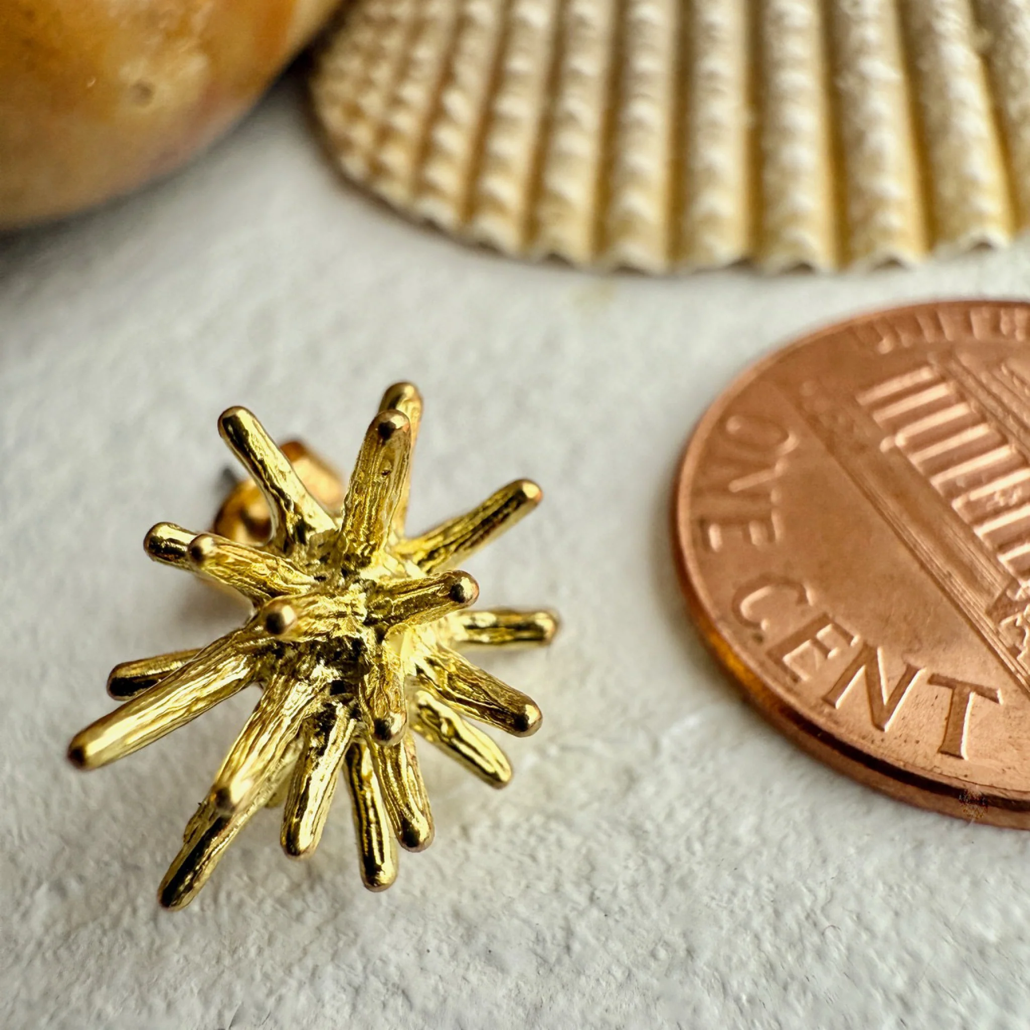Sea Urchin Stud Earrings Raw Brass - Image 3