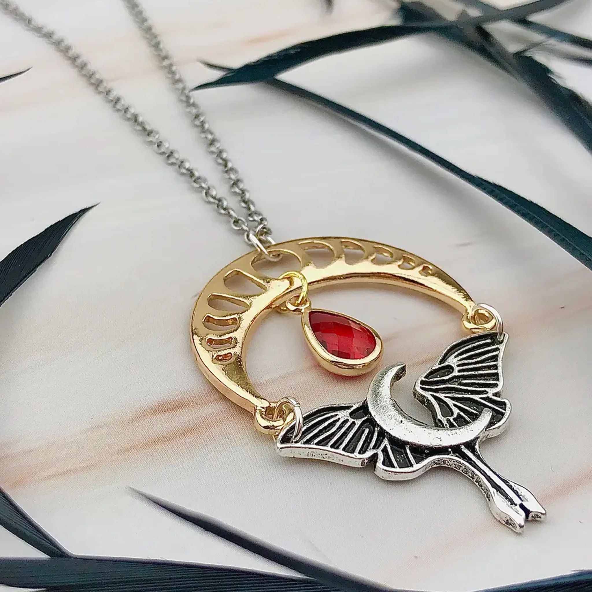 Teardrop Moon Phase Necklace Red