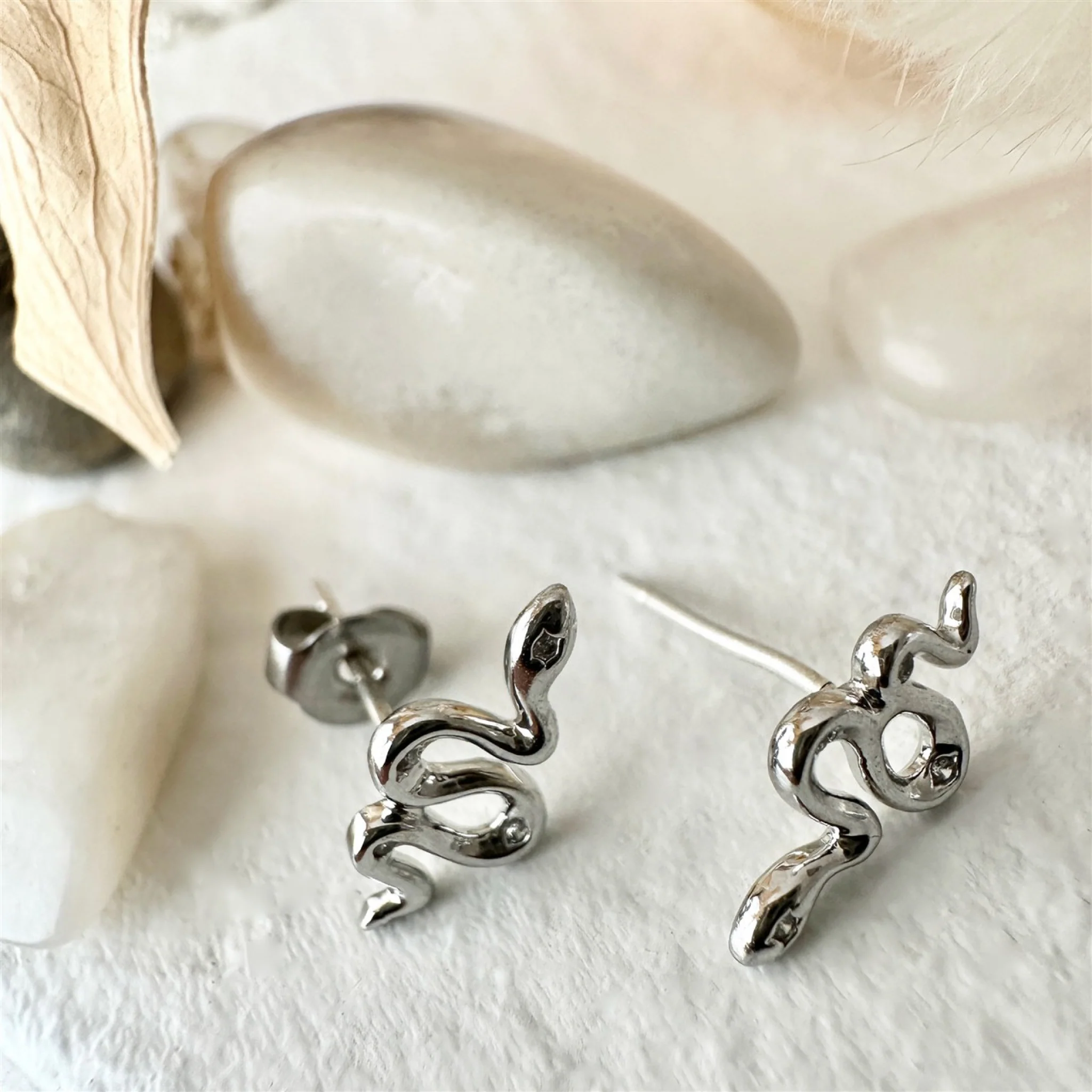 Tiny Rhinestone Snake Stud Earrings Silver